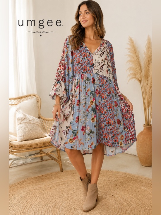 Umgee Dresses & Skirts - Umgee Floral Patchwork Boho Long Sleeve Babydoll Dress - Women's Medium